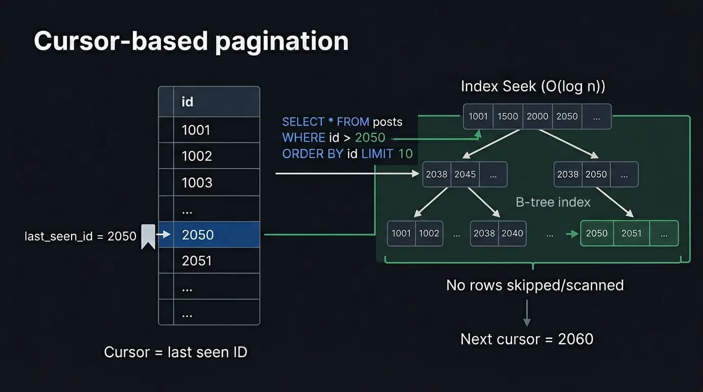 Cursor pagination mechanics showing direct B-tree index seek